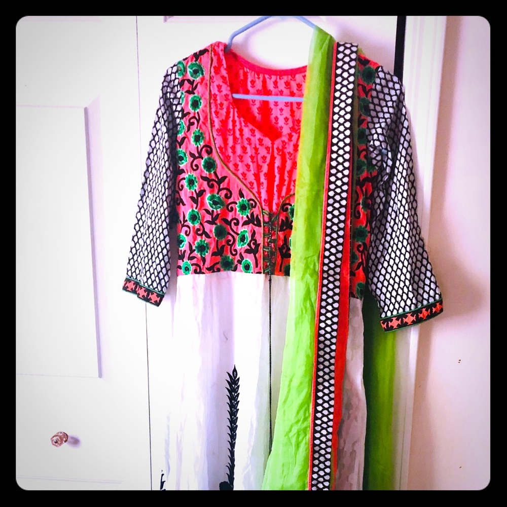 White with peachy pink combination indian dress